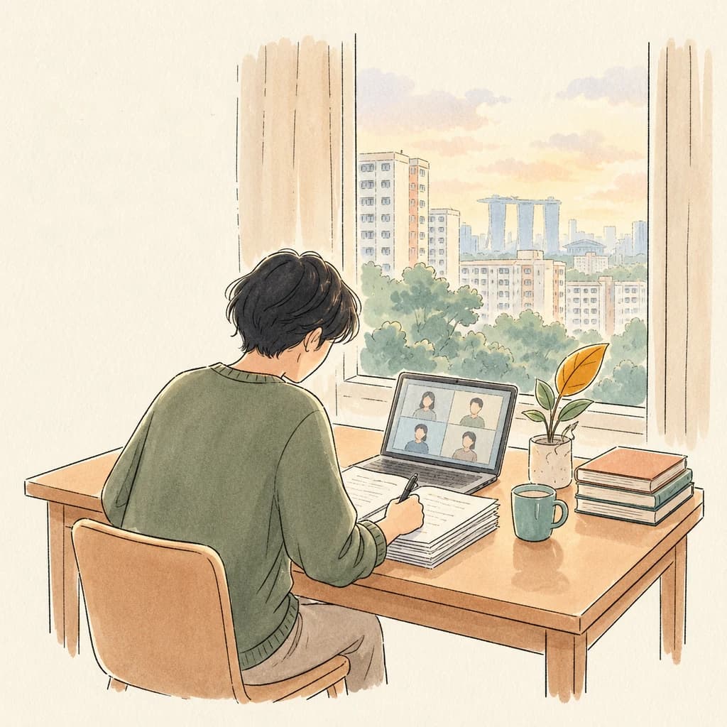 A tutor at a desk marking a stack of worksheets, a laptop beside them showing an online lesson, with Singapore HDB blocks and the city skyline through the window.