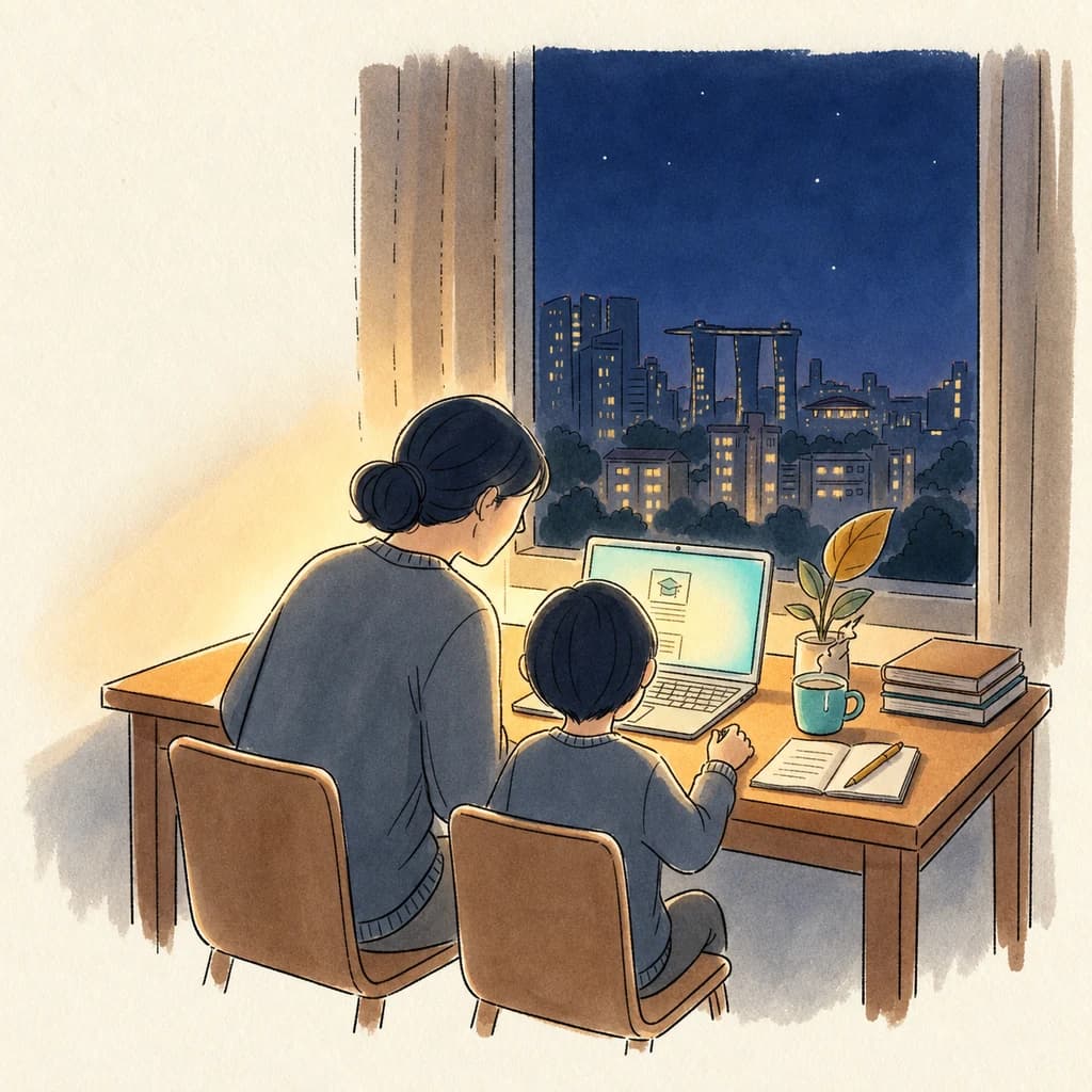 The same tutor and child at the desk in the evening, lit by a warm lamp, with the lit-up Singapore skyline through the dark window.