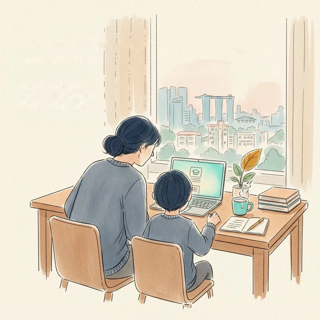 A tutor sitting beside a young child at a wooden desk, working through homework together on a laptop, with the Singapore skyline visible through the window behind them.